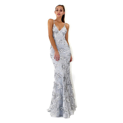 La MaxZa Women'S Dress 2018 Summer Backless Spaghetti Strap Long Dresses Fashion Light Grey V-Neck Sequins Mesh Dress 101016