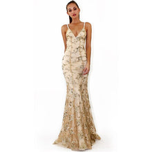 Load image into Gallery viewer, La MaxZa Women'S Dress 2018 Summer Backless Spaghetti Strap Long Dresses Fashion Light Grey V-Neck Sequins Mesh Dress 101016