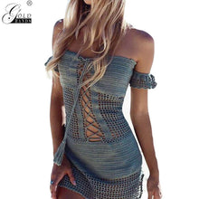 Load image into Gallery viewer, Gold Hands Slash Neck Shoulder Repair Sexy Hollowed Out Knitted Sand Beach Dress Square Hole  Light Grey Easily Bent Knitted
