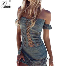 Load image into Gallery viewer, Gold Hands Slash Neck Shoulder Repair Sexy Hollowed Out Knitted Sand Beach Dress Square Hole  Light Grey Easily Bent Knitted